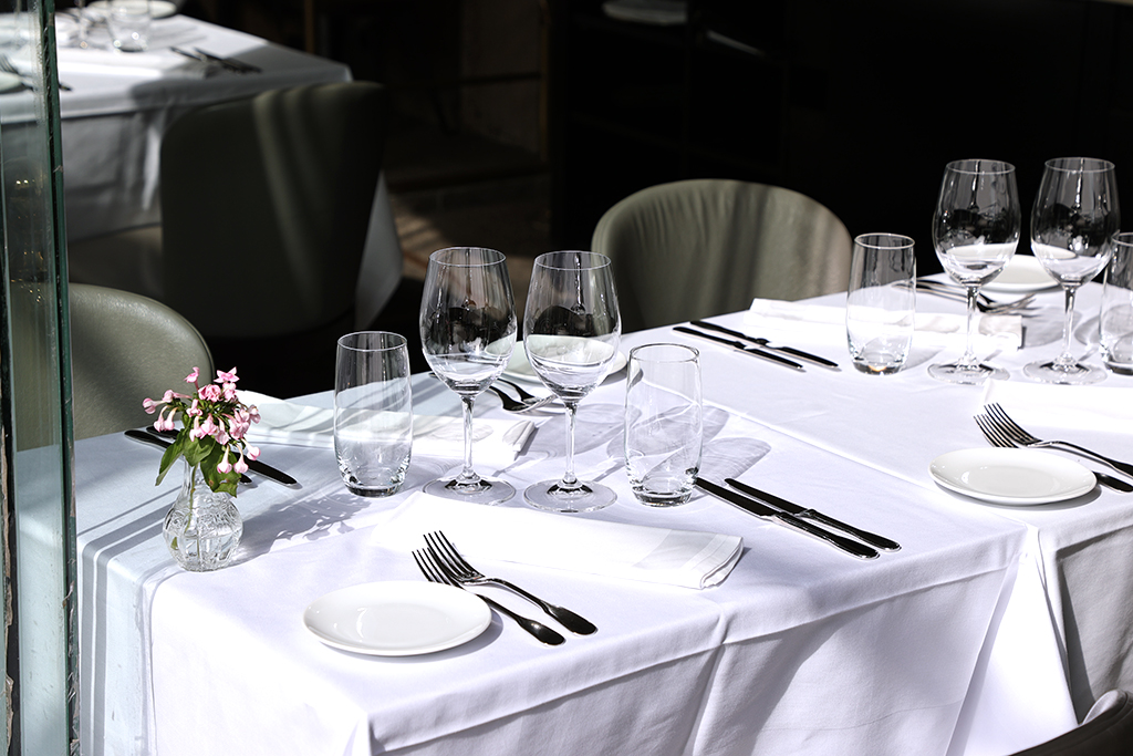 a set table in a restaurant